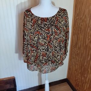 Studio Works Abstract Print Bat Wings Elastic Waist Blouse Shirt